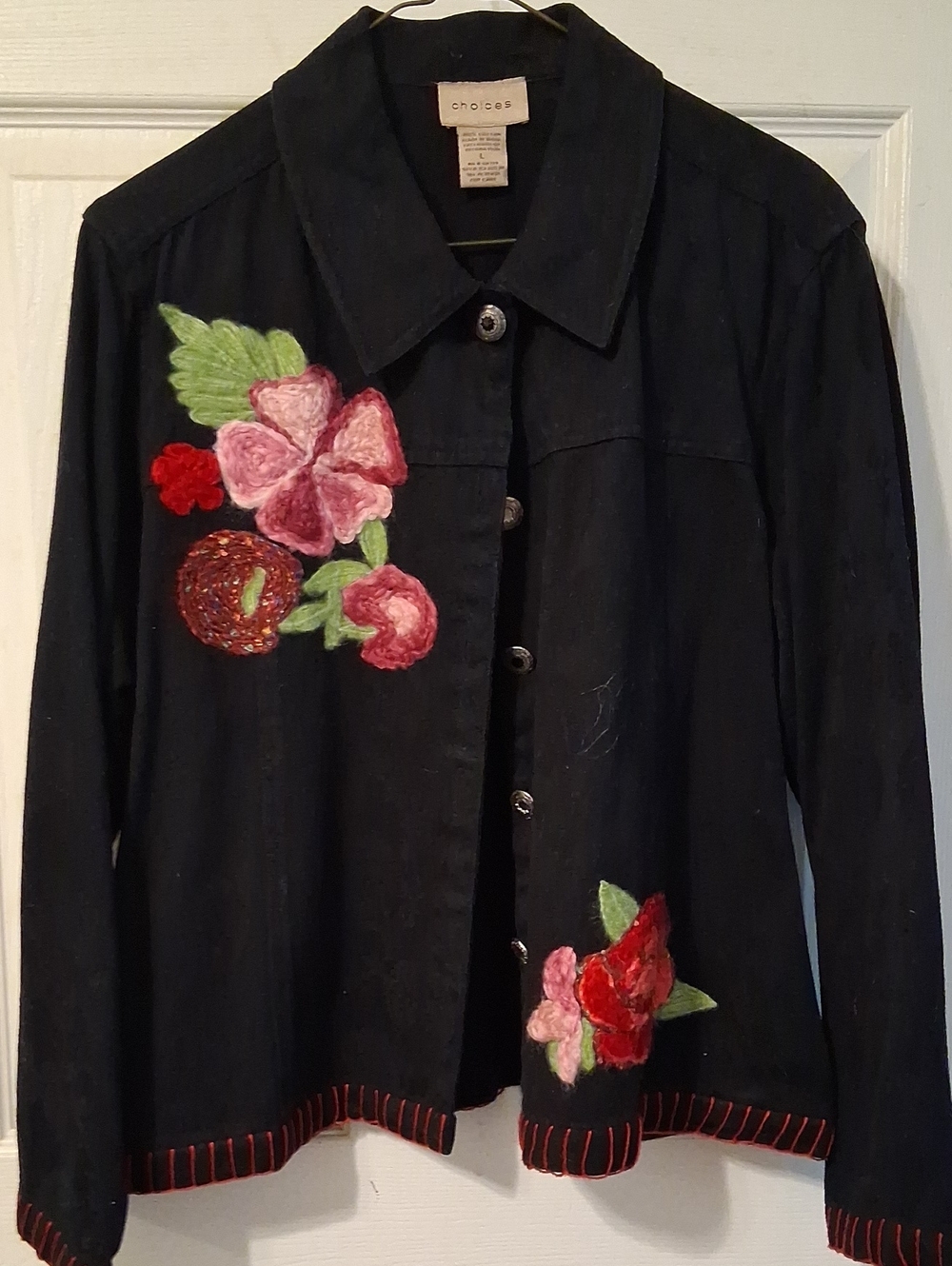 Choices Black Jean Jacket with Pink and Red Floral Embroidery